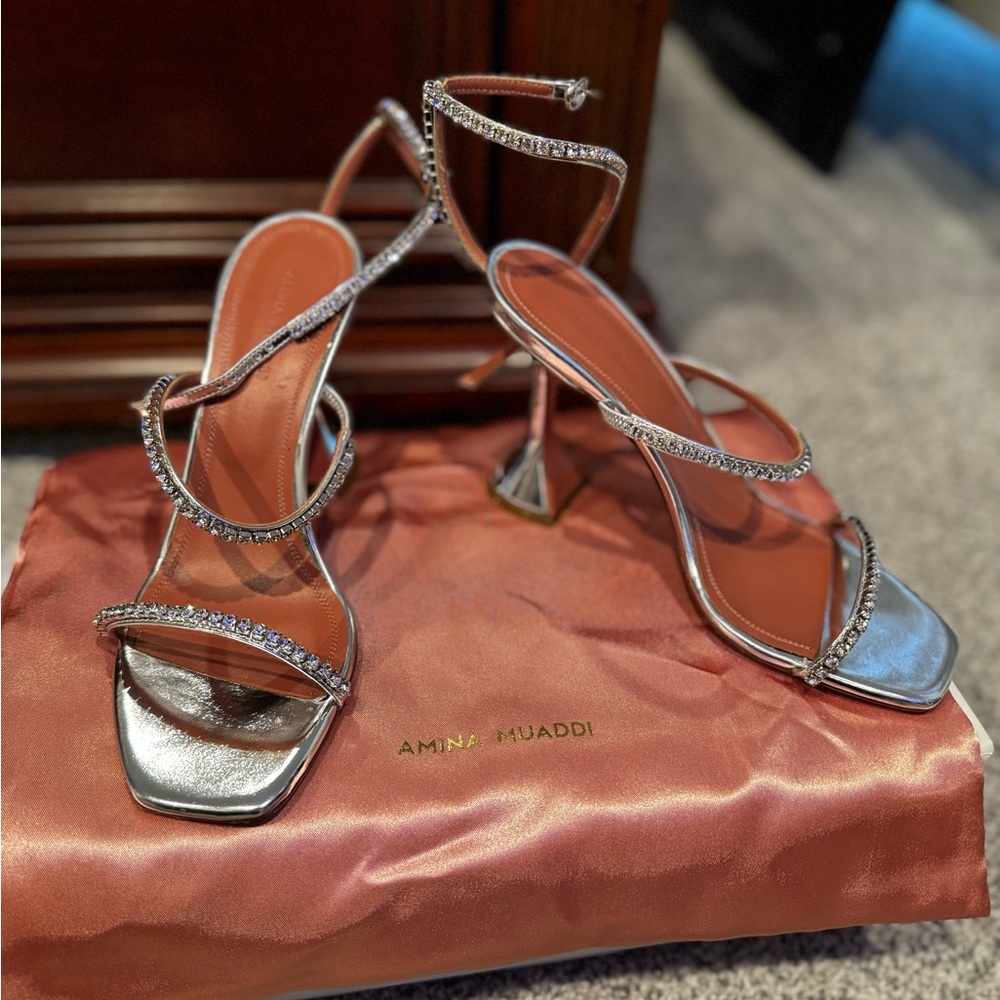 Amina Muaddi Silver Strappy Women's Heels